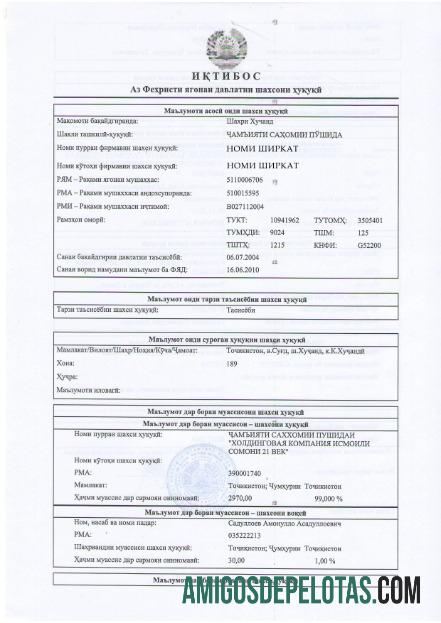 Exemplo de certificado de registro do Tajiquistão